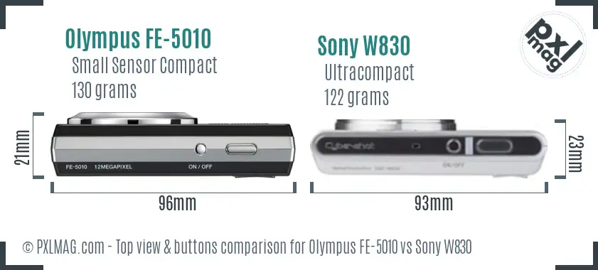 Olympus FE-5010 vs Sony W830 top view buttons comparison