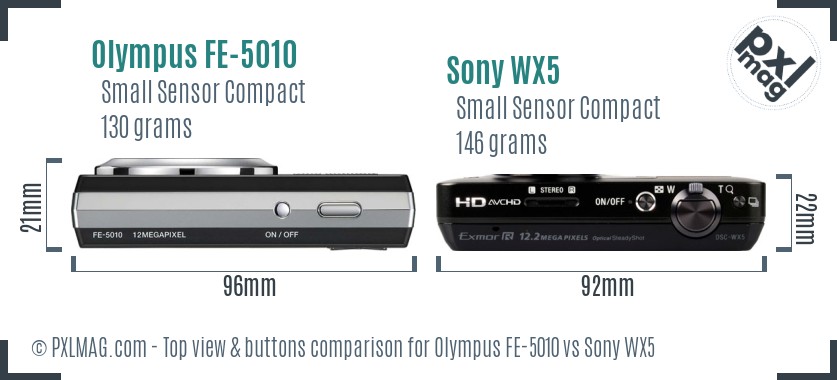 Olympus FE-5010 vs Sony WX5 top view buttons comparison