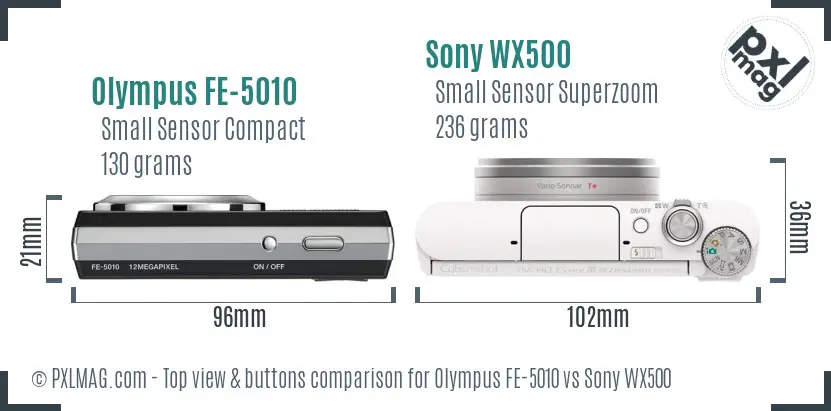 Olympus FE-5010 vs Sony WX500 top view buttons comparison