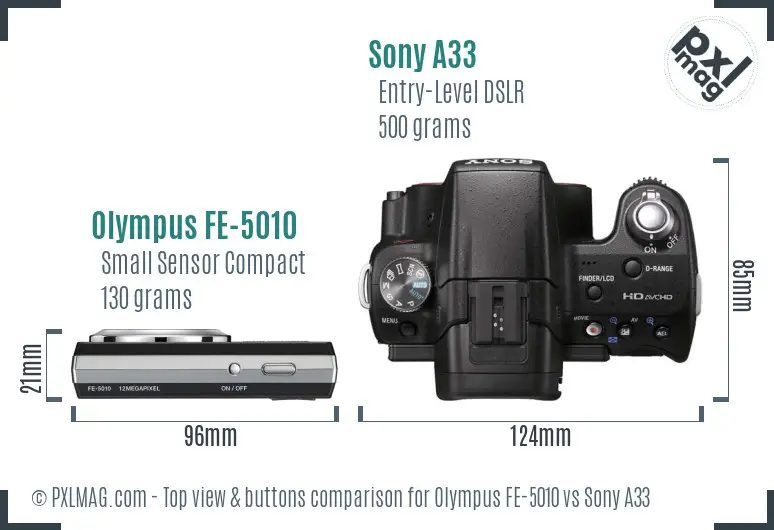 Olympus FE-5010 vs Sony A33 top view buttons comparison