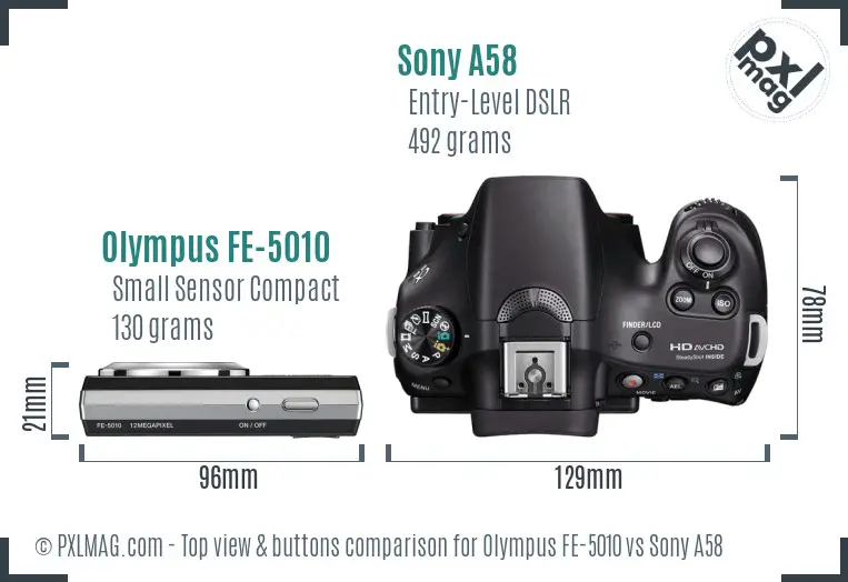 Olympus FE-5010 vs Sony A58 top view buttons comparison