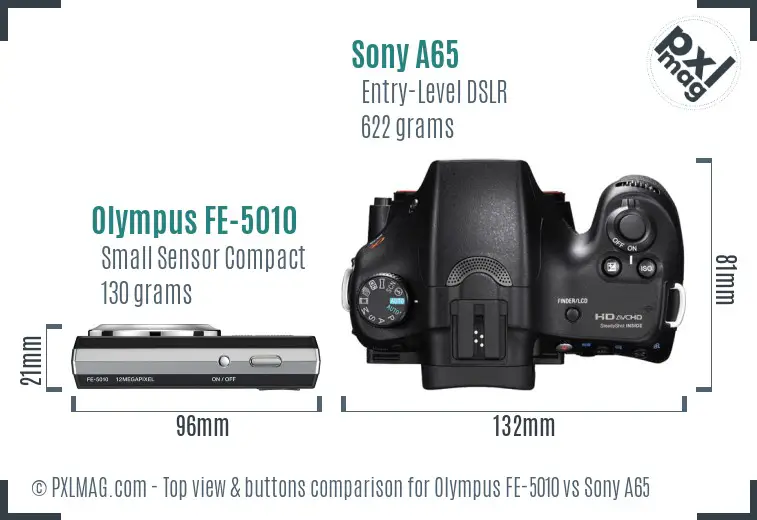 Olympus FE-5010 vs Sony A65 top view buttons comparison