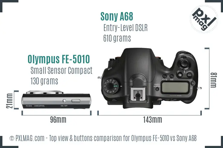 Olympus FE-5010 vs Sony A68 top view buttons comparison