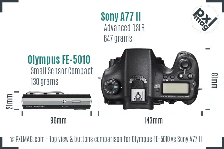 Olympus FE-5010 vs Sony A77 II top view buttons comparison Olympus FE-5010 vs Sony A77 II top view buttons comparison