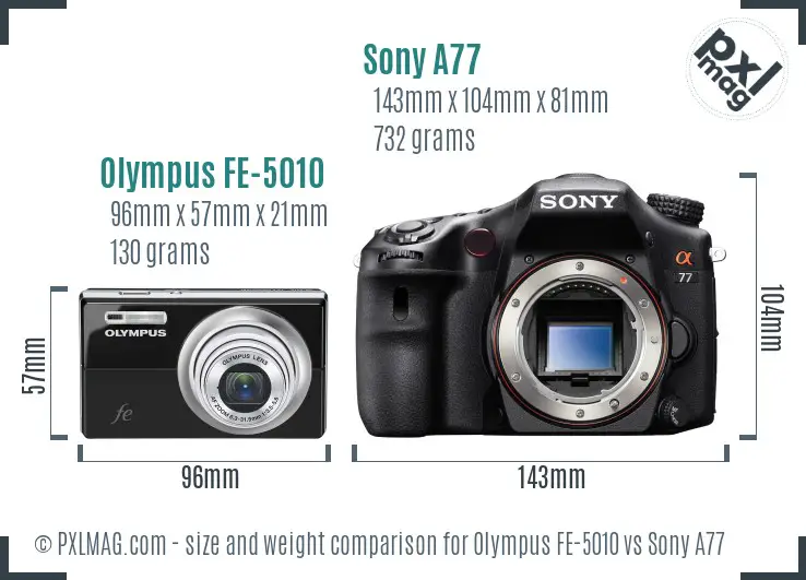 Olympus FE-5010 vs Sony A77 size comparison