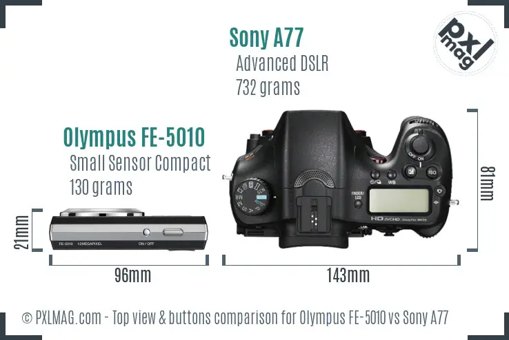 Olympus FE-5010 vs Sony A77 top view buttons comparison Olympus FE-5010 vs Sony A77 top view buttons comparison