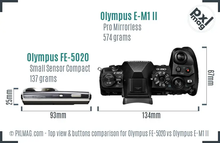 Olympus FE-5020 vs Olympus E-M1 II top view buttons comparison