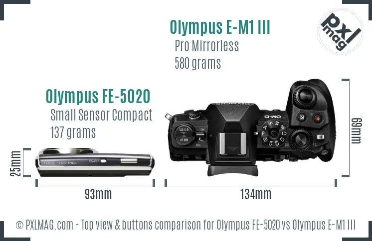 Olympus FE-5020 vs Olympus E-M1 III top view buttons comparison