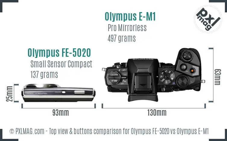 Olympus FE-5020 vs Olympus E-M1 top view buttons comparison