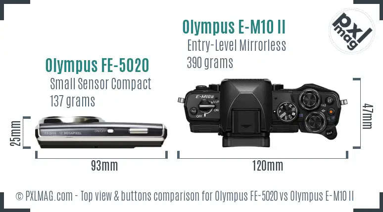 Olympus FE-5020 vs Olympus E-M10 II top view buttons comparison