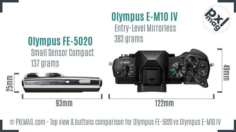 Olympus FE-5020 vs Olympus E-M10 IV top view buttons comparison
