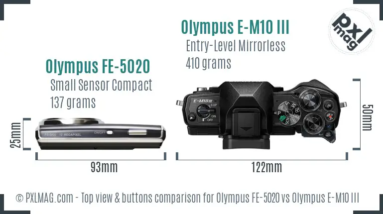 Olympus FE-5020 vs Olympus E-M10 III top view buttons comparison