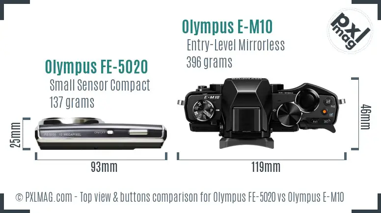 Olympus FE-5020 vs Olympus E-M10 top view buttons comparison