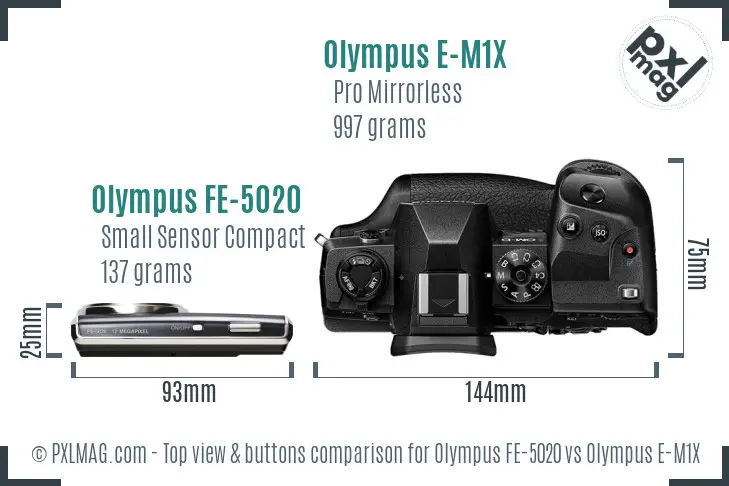 Olympus FE-5020 vs Olympus E-M1X top view buttons comparison