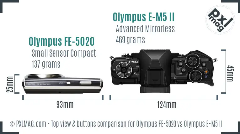 Olympus FE-5020 vs Olympus E-M5 II top view buttons comparison