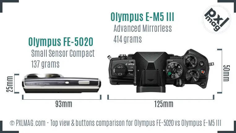 Olympus FE-5020 vs Olympus E-M5 III top view buttons comparison