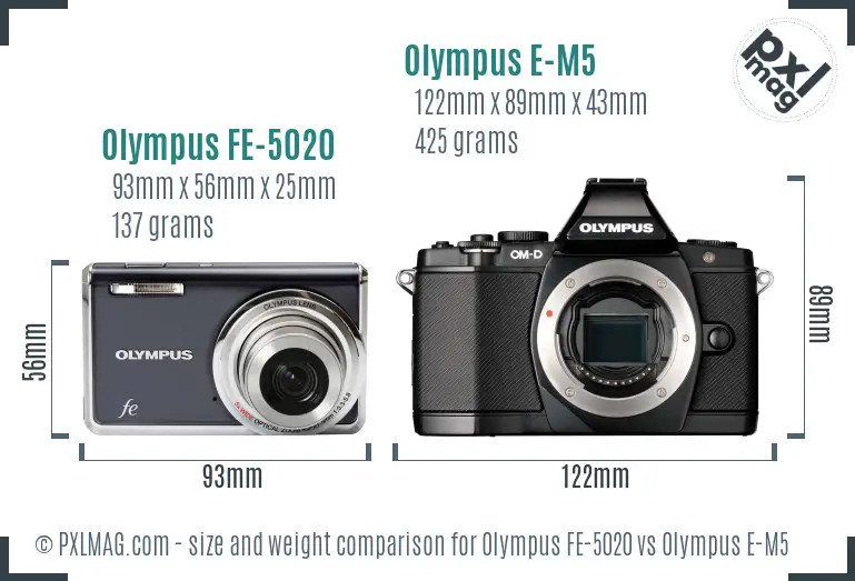 Olympus FE-5020 vs Olympus E-M5 size comparison