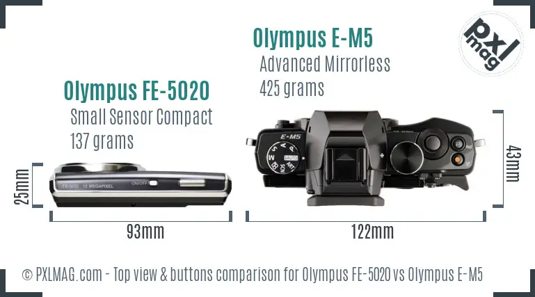 Olympus FE-5020 vs Olympus E-M5 top view buttons comparison