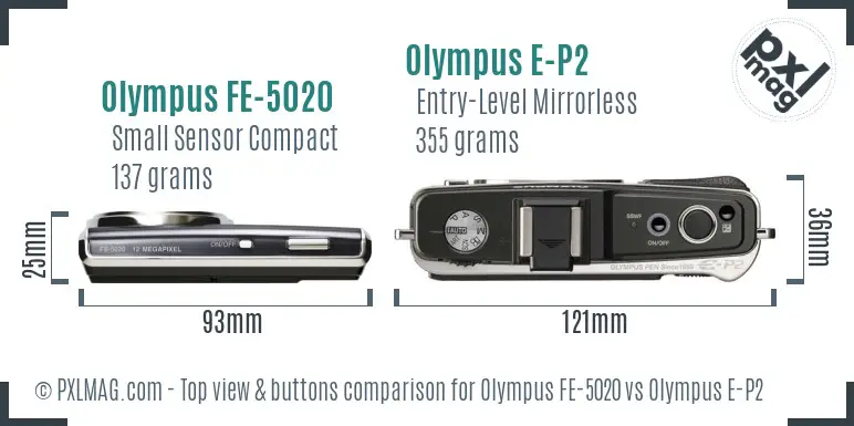 Olympus FE-5020 vs Olympus E-P2 top view buttons comparison