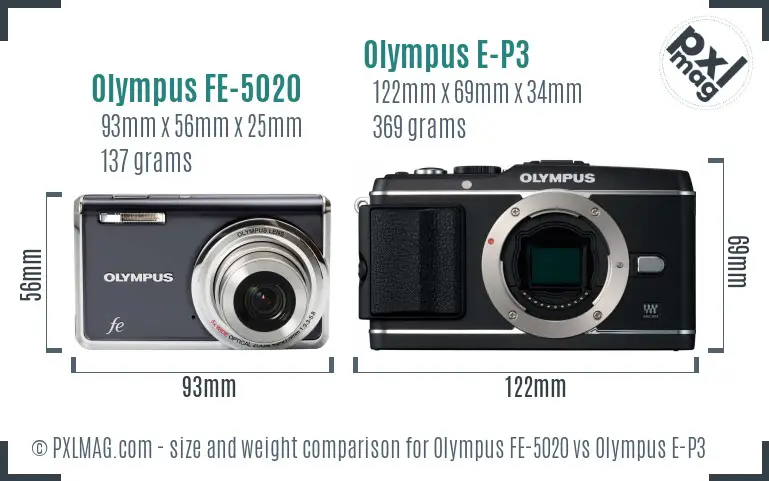 Olympus FE-5020 vs Olympus E-P3 size comparison