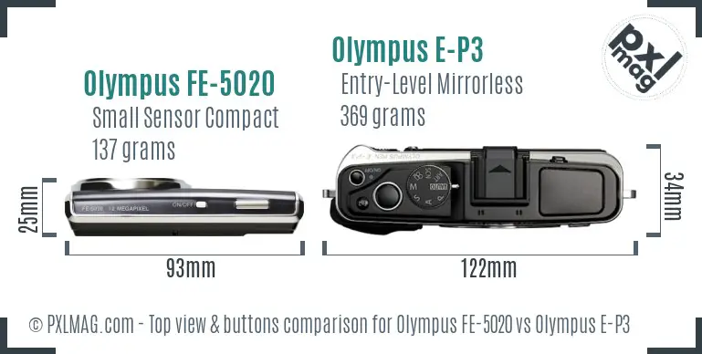 Olympus FE-5020 vs Olympus E-P3 top view buttons comparison