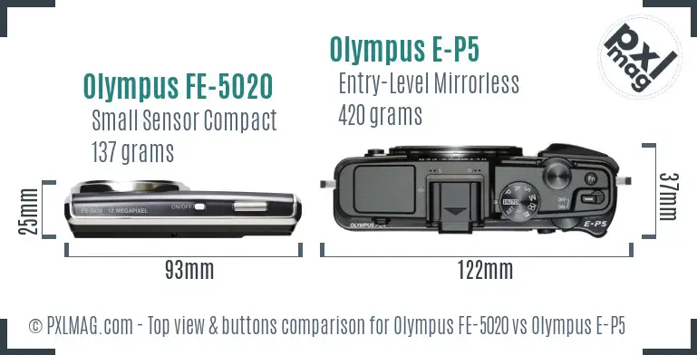 Olympus FE-5020 vs Olympus E-P5 top view buttons comparison