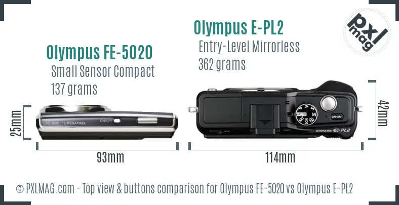 Olympus FE-5020 vs Olympus E-PL2 top view buttons comparison