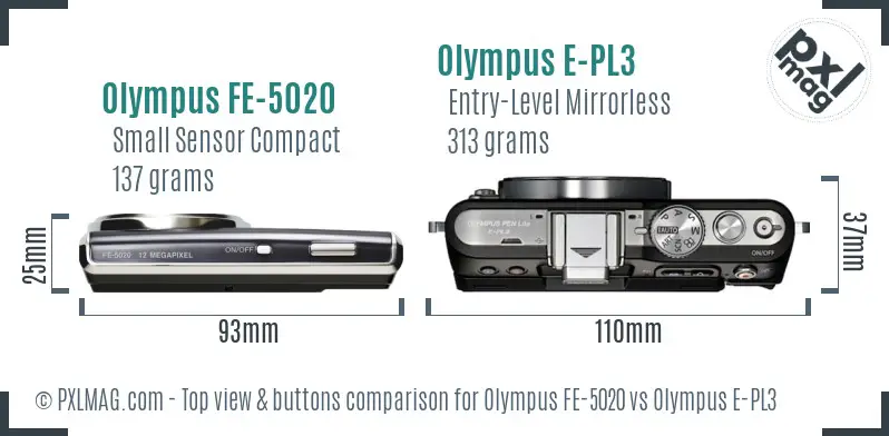 Olympus FE-5020 vs Olympus E-PL3 top view buttons comparison