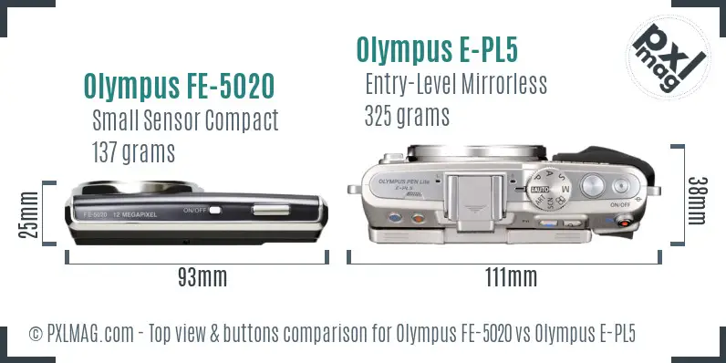 Olympus FE-5020 vs Olympus E-PL5 top view buttons comparison