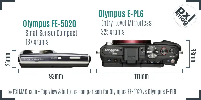 Olympus FE-5020 vs Olympus E-PL6 top view buttons comparison