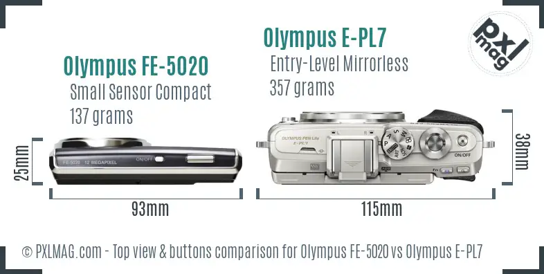Olympus FE-5020 vs Olympus E-PL7 top view buttons comparison