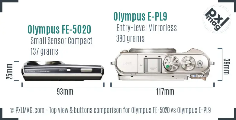 Olympus FE-5020 vs Olympus E-PL9 top view buttons comparison