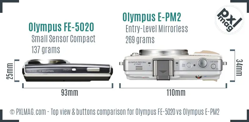 Olympus FE-5020 vs Olympus E-PM2 top view buttons comparison