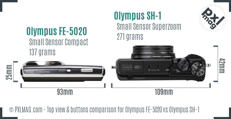 Olympus FE-5020 vs Olympus SH-1 top view buttons comparison