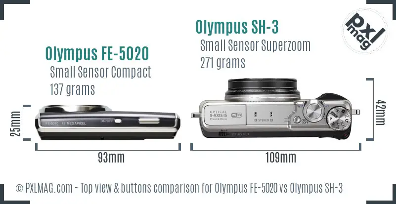 Olympus FE-5020 vs Olympus SH-3 top view buttons comparison