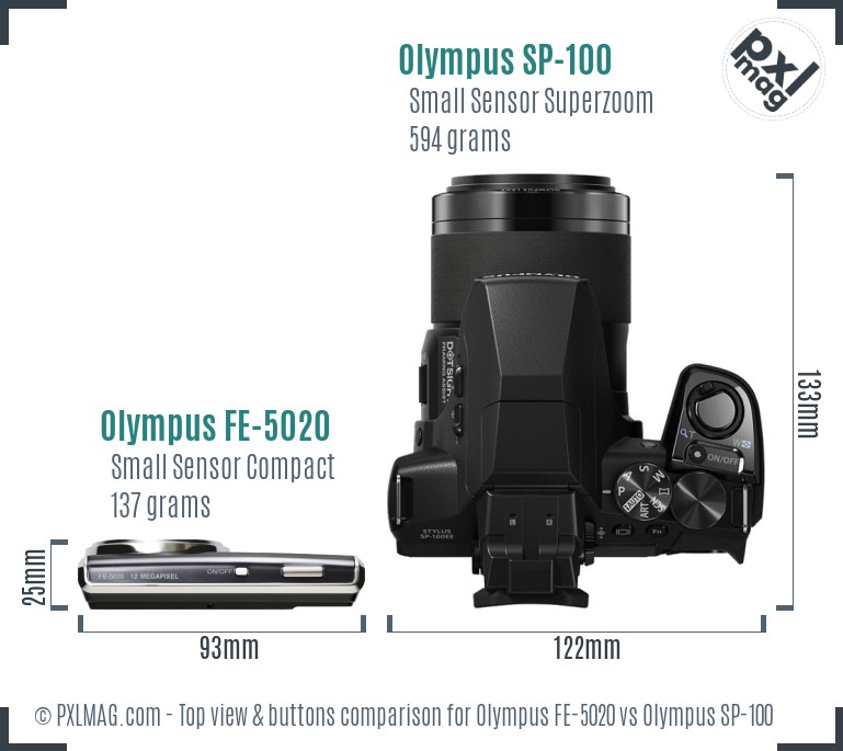 Olympus FE-5020 vs Olympus SP-100 top view buttons comparison