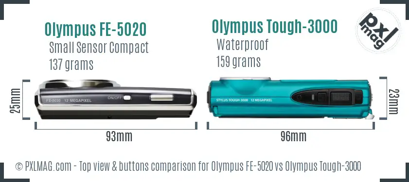 Olympus FE-5020 vs Olympus Tough-3000 top view buttons comparison