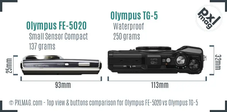 Olympus FE-5020 vs Olympus TG-5 top view buttons comparison