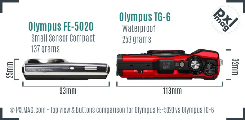 Olympus FE-5020 vs Olympus TG-6 top view buttons comparison