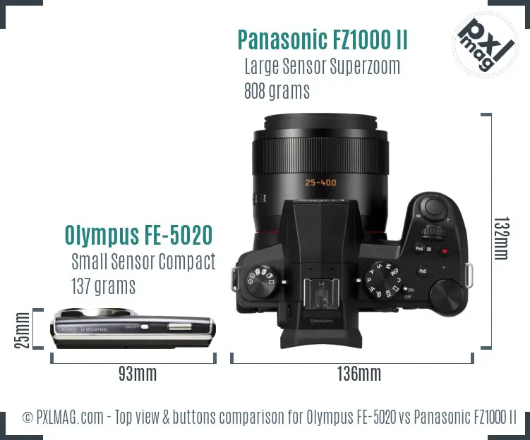 Olympus FE-5020 vs Panasonic FZ1000 II top view buttons comparison