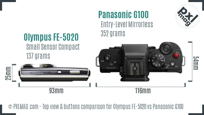 Olympus FE-5020 vs Panasonic G100 top view buttons comparison