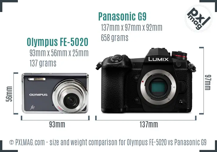 Olympus FE-5020 vs Panasonic G9 size comparison