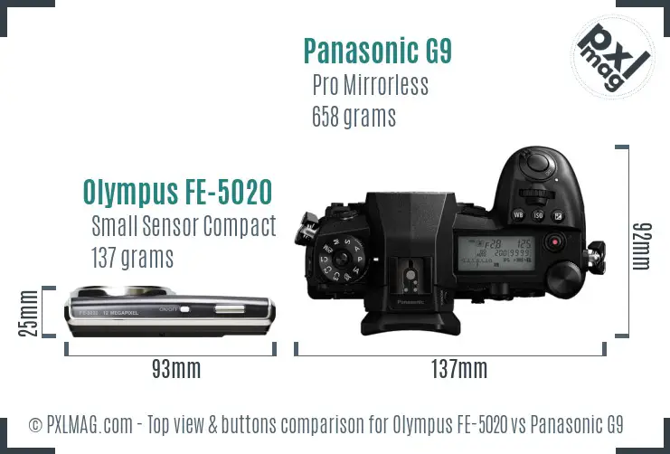 Olympus FE-5020 vs Panasonic G9 top view buttons comparison