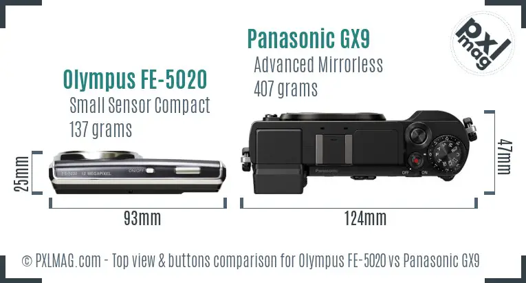 Olympus FE-5020 vs Panasonic GX9 top view buttons comparison