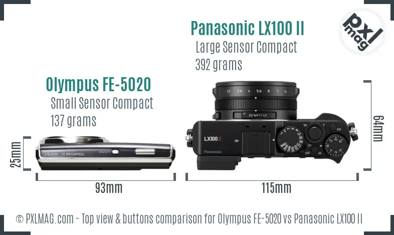 Olympus FE-5020 vs Panasonic LX100 II top view buttons comparison