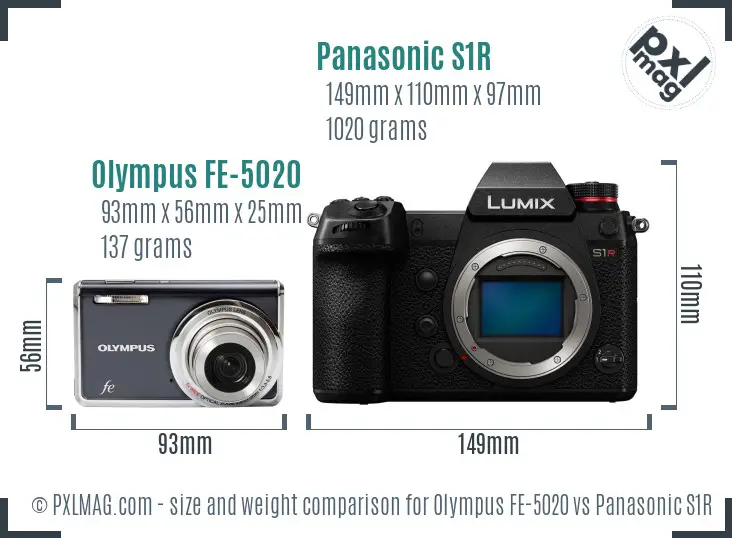 Olympus FE-5020 vs Panasonic S1R size comparison