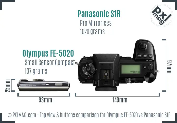 Olympus FE-5020 vs Panasonic S1R top view buttons comparison