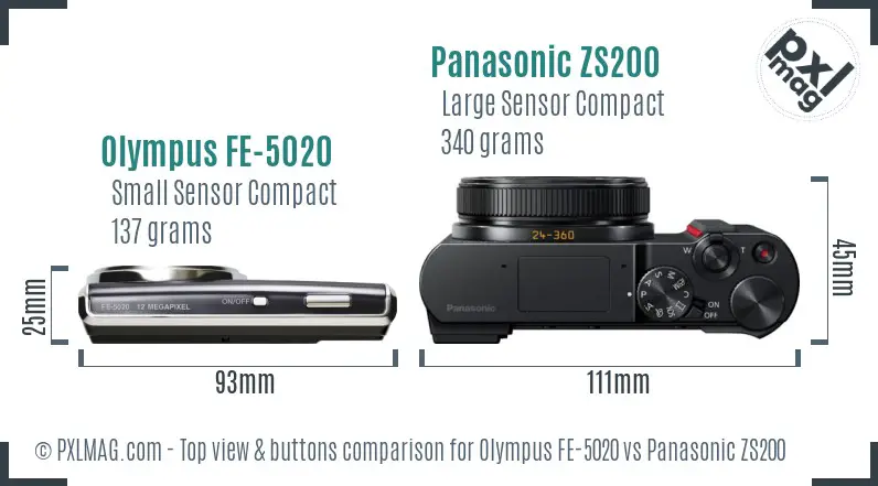 Olympus FE-5020 vs Panasonic ZS200 top view buttons comparison