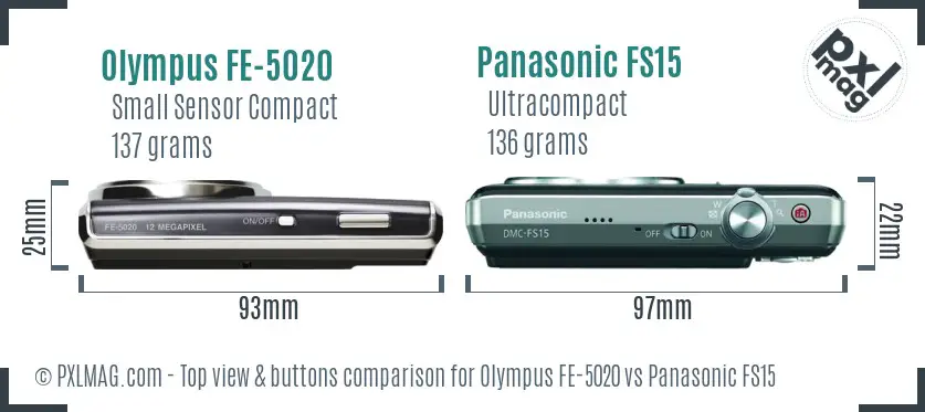 Olympus FE-5020 vs Panasonic FS15 top view buttons comparison