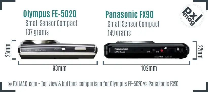 Olympus FE-5020 vs Panasonic FX90 top view buttons comparison